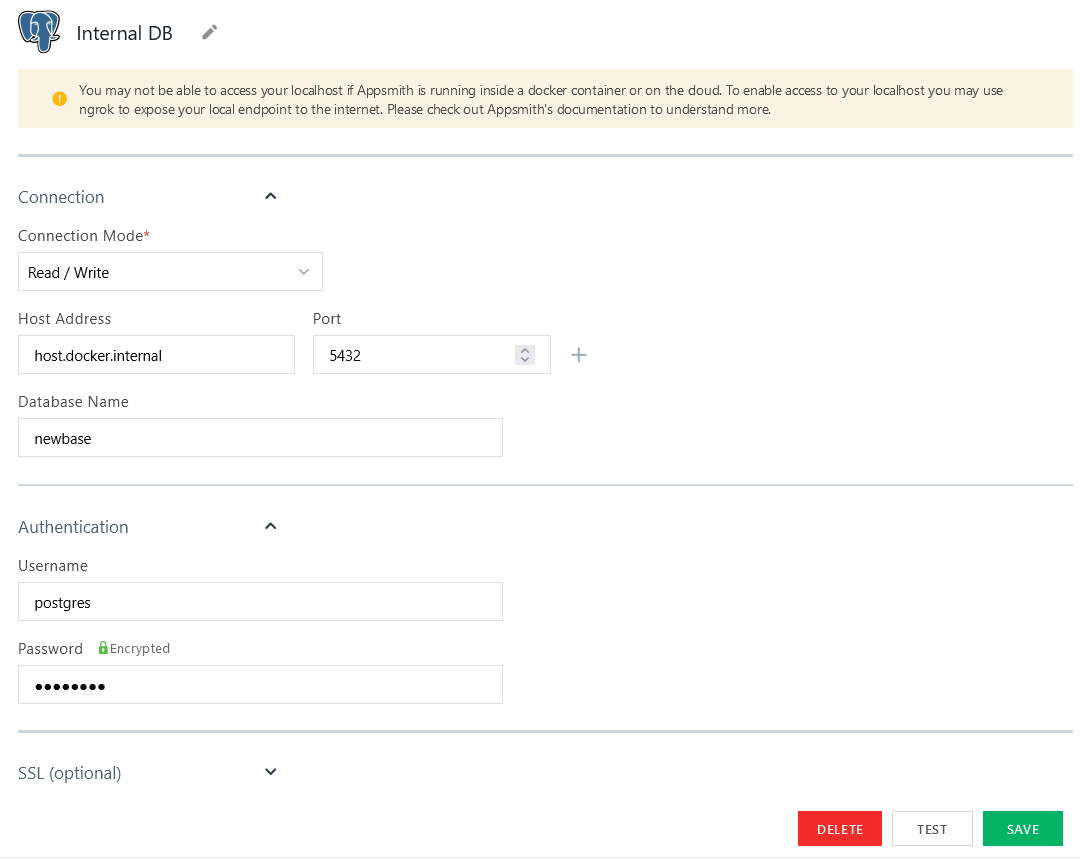 Connecting from Appsmith in Docker container to PostgreSQL database running on localhost